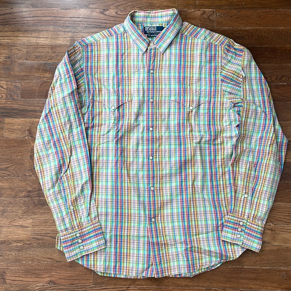 RL Western Shirt Colorful Plaid Mother of Pearl Snap Buttons Mens Medium